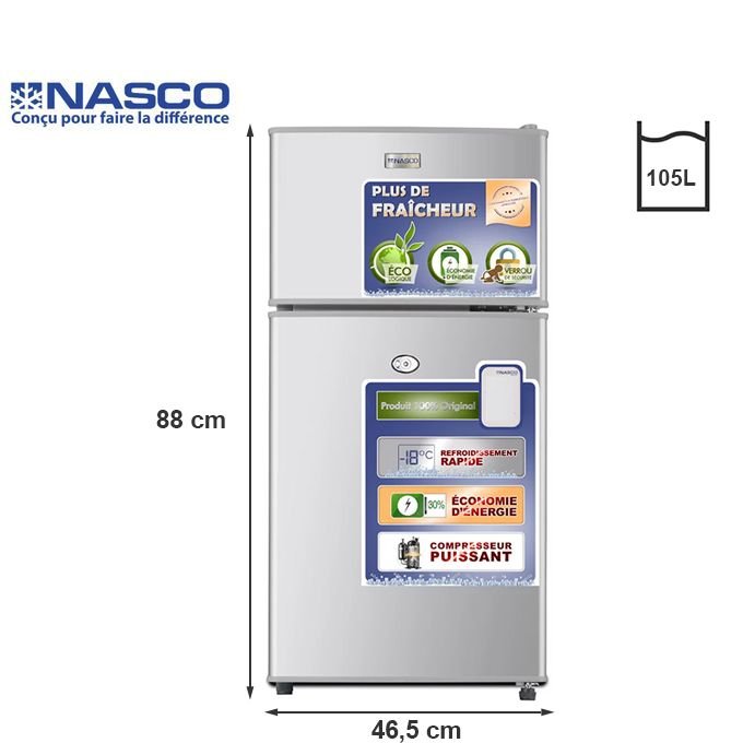 Nasco Réfrigérateur 2 Portes - 105 Litres - Décongélation Rapide - Éco Énergie - Gris - Garantie 6 Mois